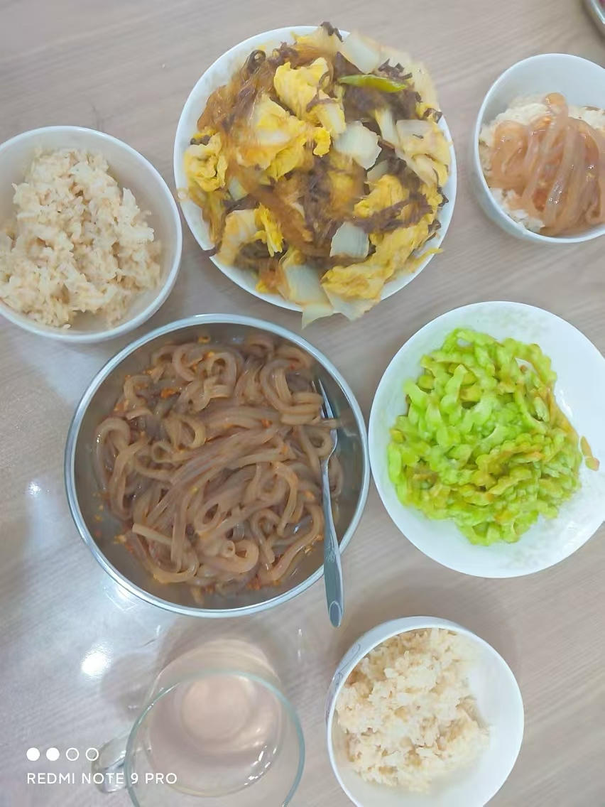 同学家午餐：糙米饭/白菜黑豆丝粉丝/拌苦瓜/绿豆凉粉的做法