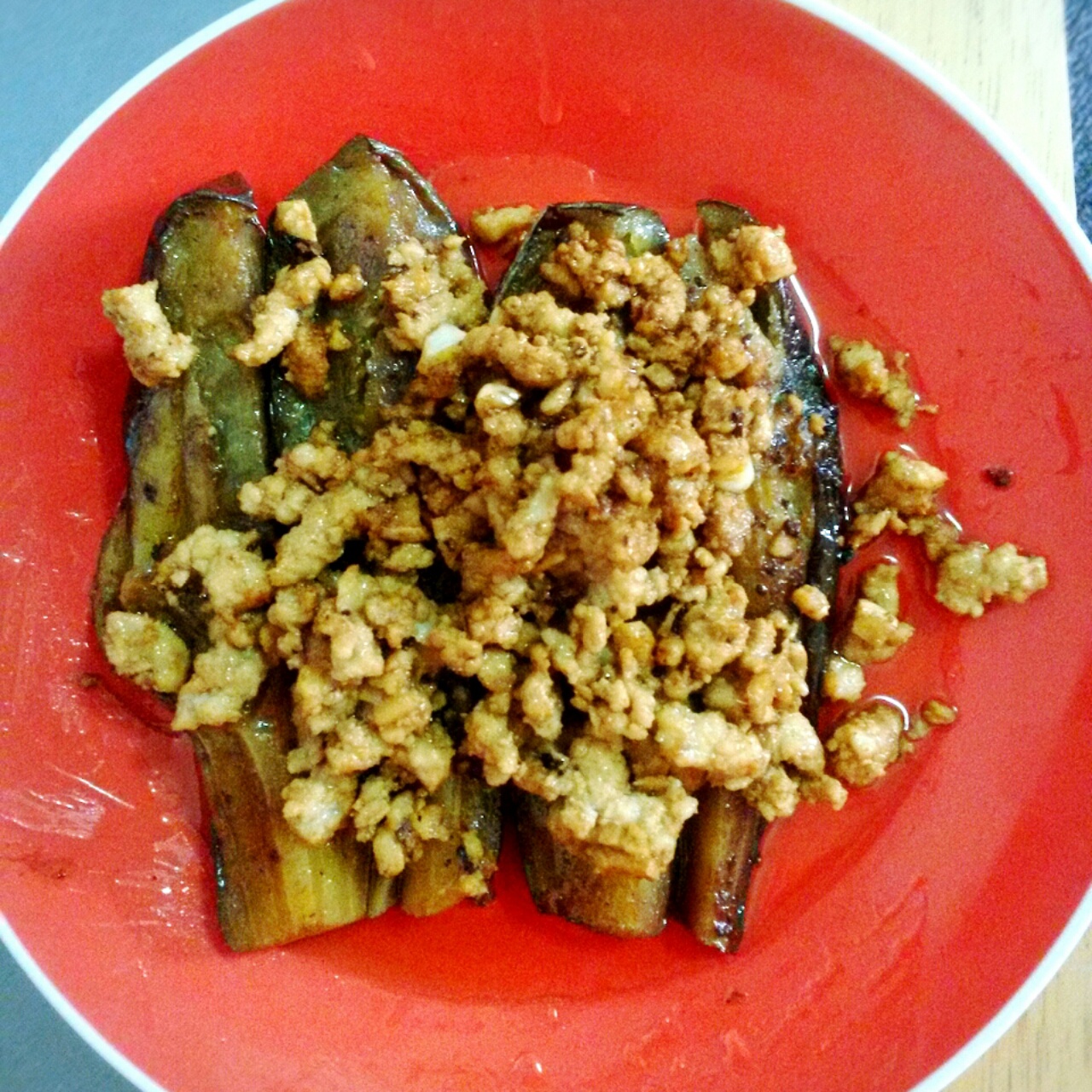肉末茄子（水煮加油炸）