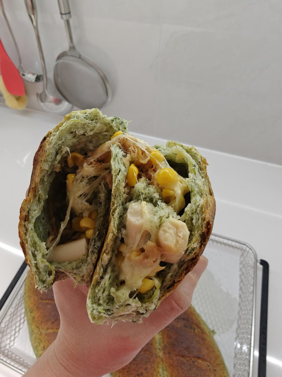 菠菜芝士咸面包（一次发酵）