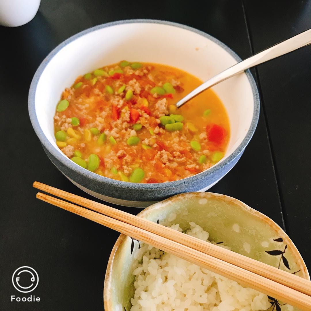 肉末番茄烧毛豆