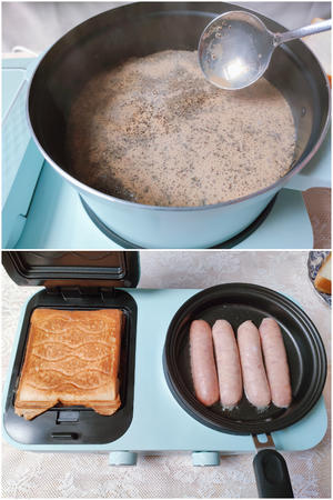 20分钟花样早餐：三明治披萨、奶茶、煎鸡蛋卷、煎香肠的做法 步骤4