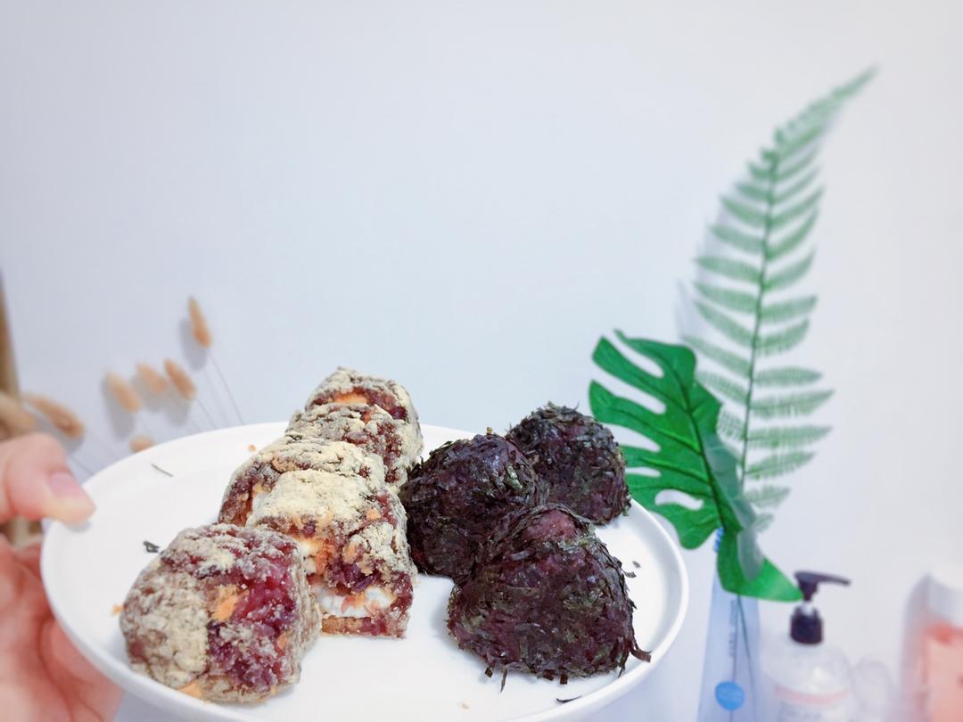 黑米红豆麻薯肉松饭团【健康小食】