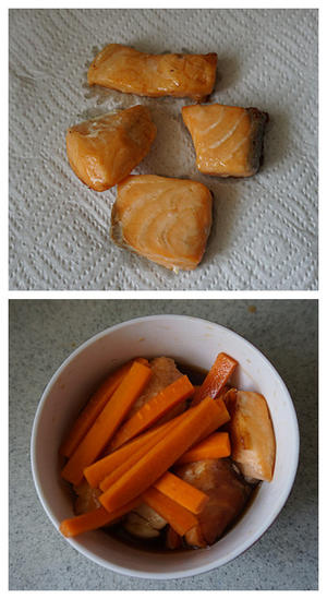 今日便当-酸甜萝卜腌三文鱼&味增猪肉茄子&秋葵拌油豆腐的做法 步骤7