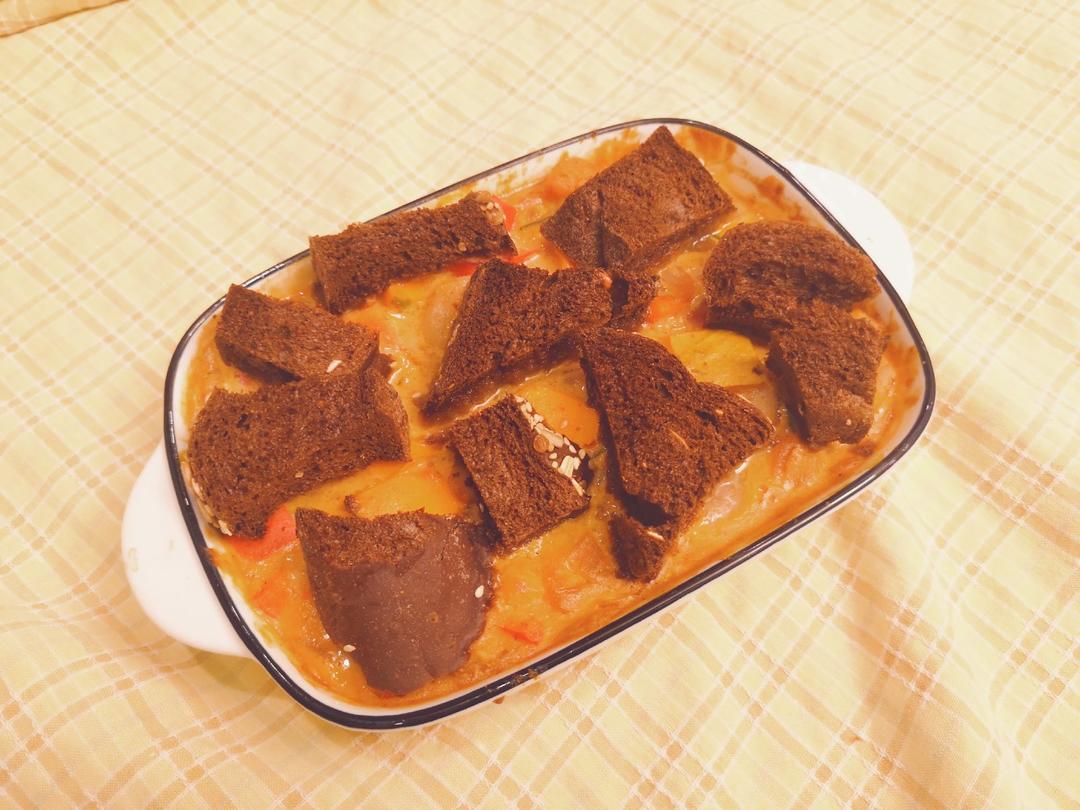 酸奶咖喱虾仁焗面包咸布丁【健康一锅端】