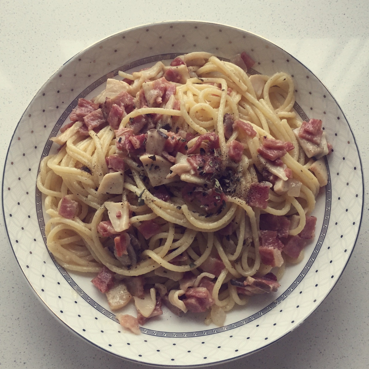 白蘑菇奶油培根意面