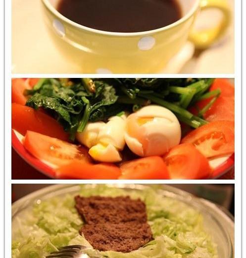 13天减肥法のDay1：清咖+水煮鸡蛋菠菜番茄+牛排生菜沙拉