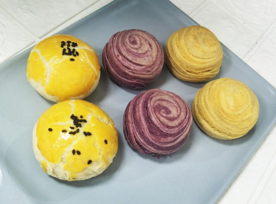蛋黄酥~紫薯、抹茶、原味~花好月圆，中秋快乐~内附一次做六色蛋黄酥方法~