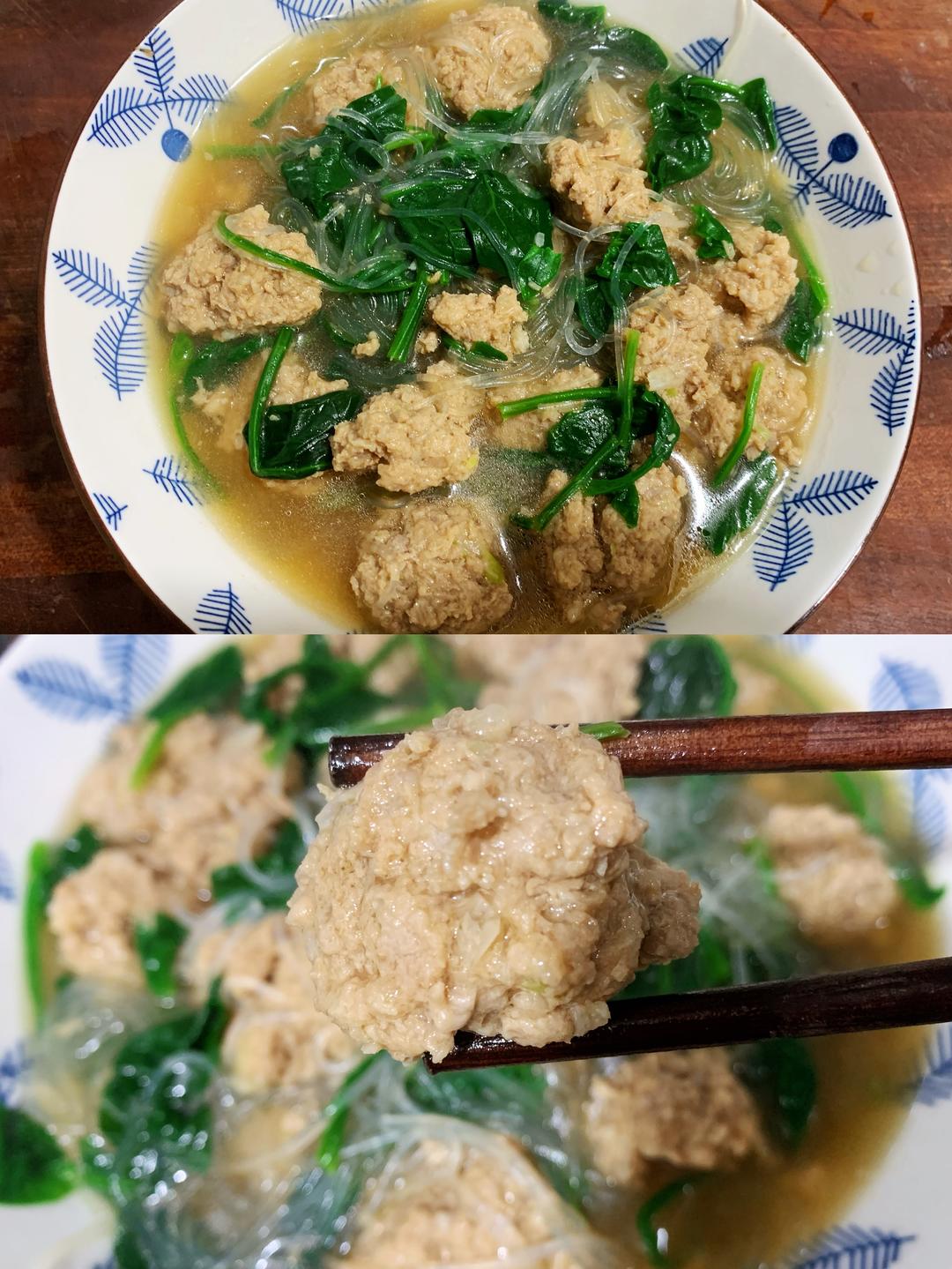 鲜掉舌头的汆丸子（菠菜粉丝汤）的做法