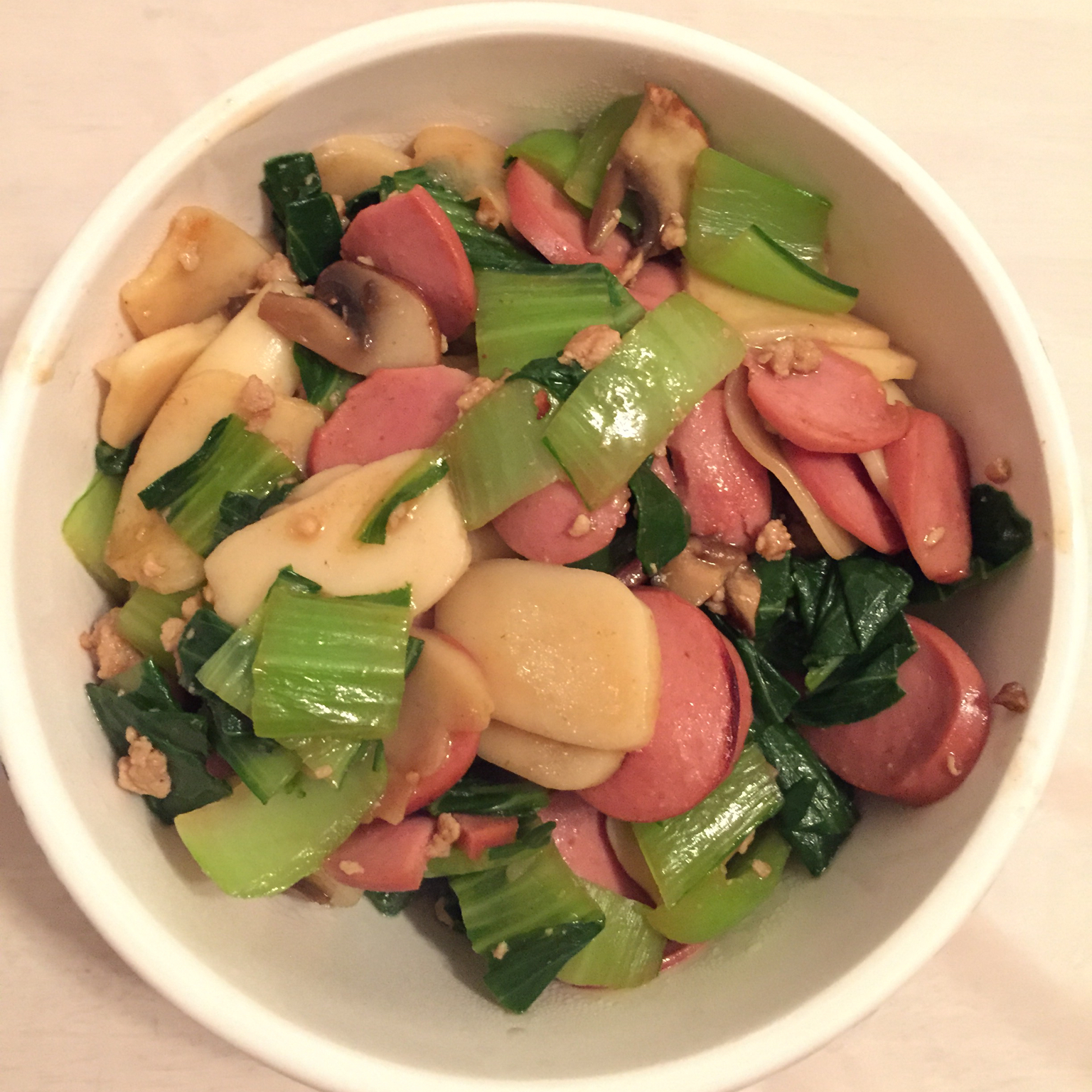 菠菜肉丝蘑菇炒年糕