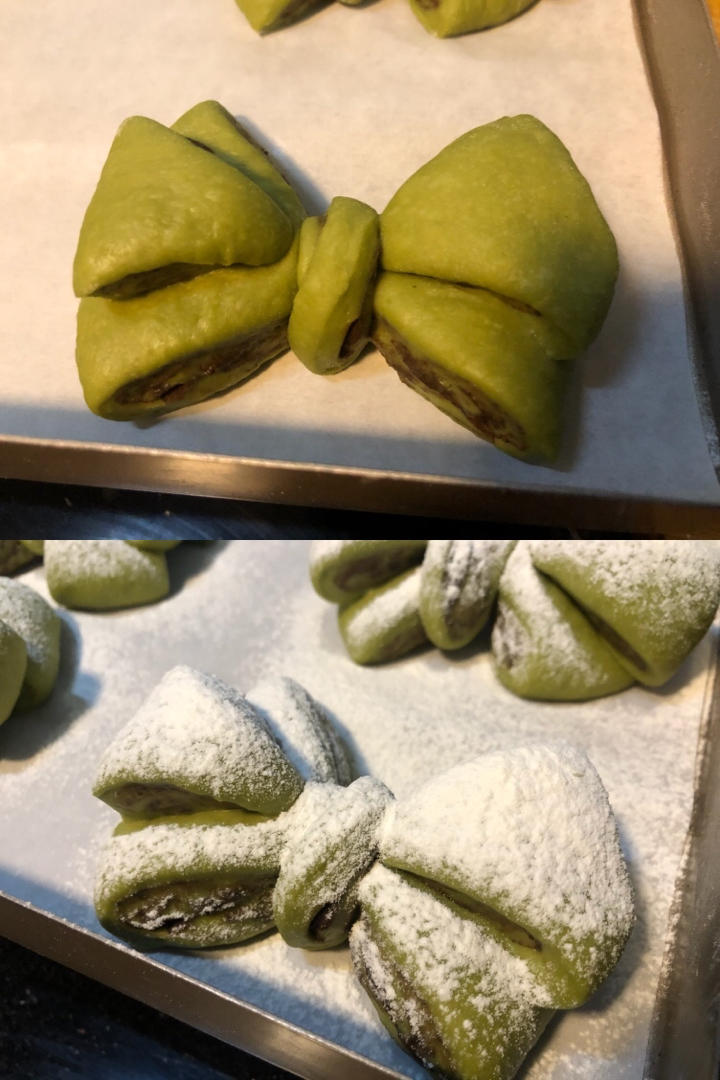 双色蝴蝶结面包（菠菜不输抹茶，一次发酵，总共只需10分钟）B75
