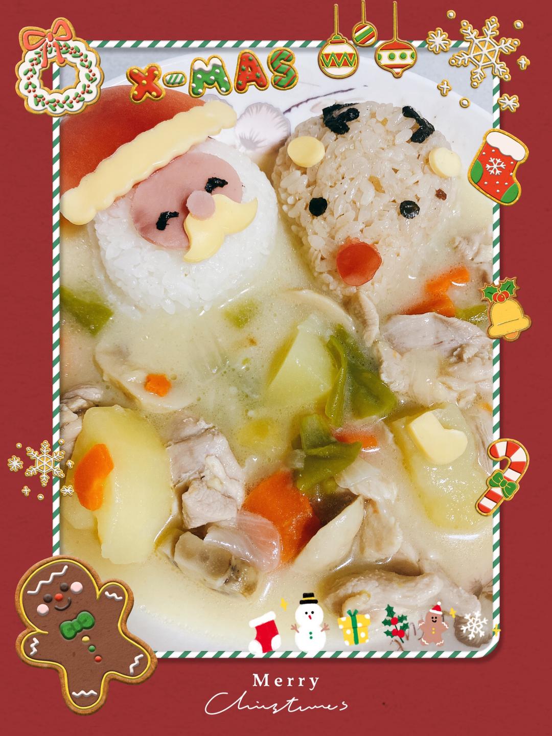 奶香鸡肉蘑菇土豆浓汤 ➕圣诞老人饭团制作方法，孩子最喜欢的做法
