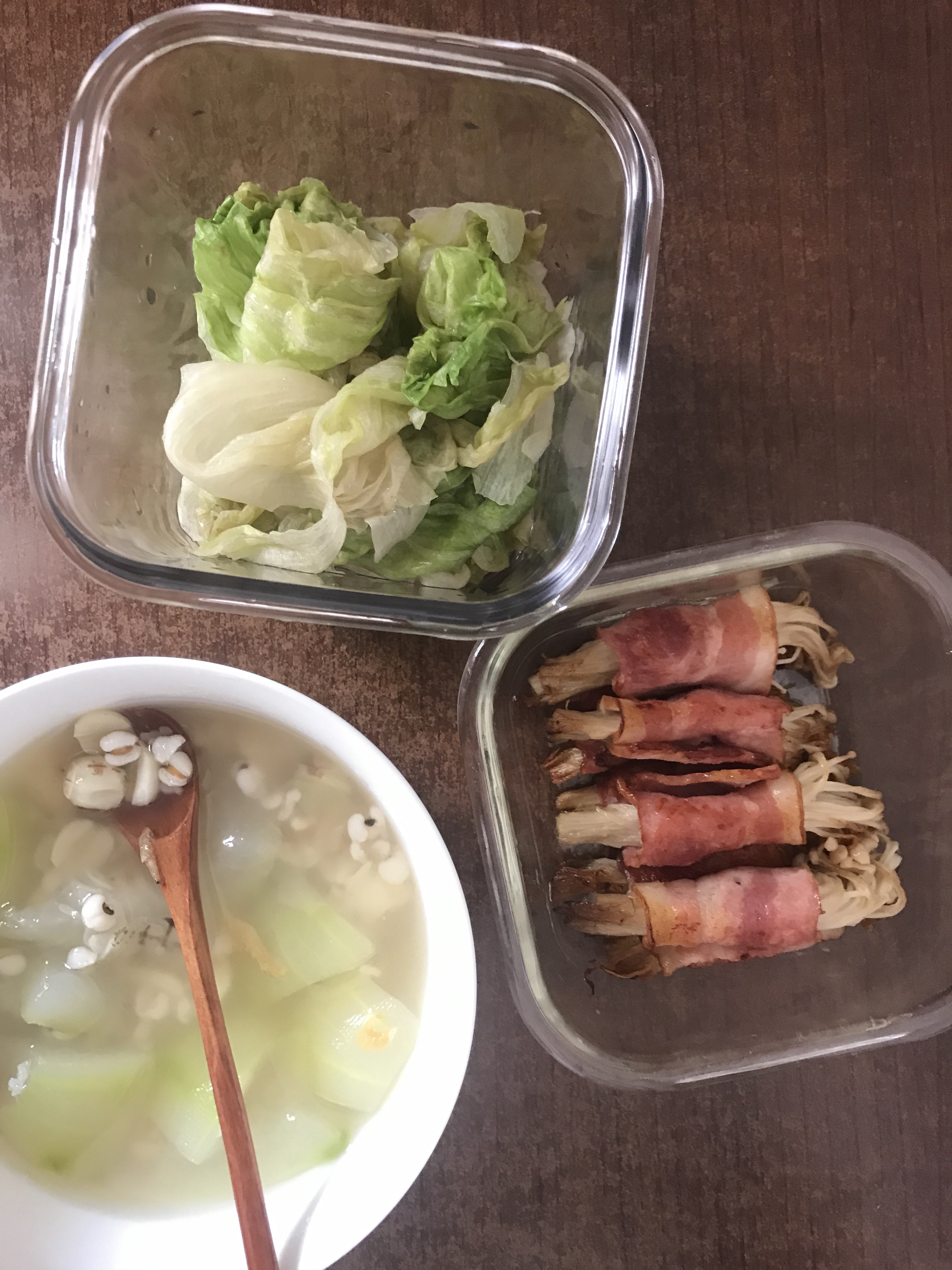 【低碳水】水煮生菜+培根金针菇卷+薏仁冬瓜汤