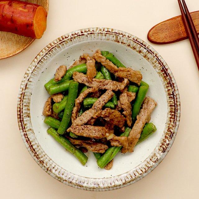 四季豆炒牛肉+蒸红薯