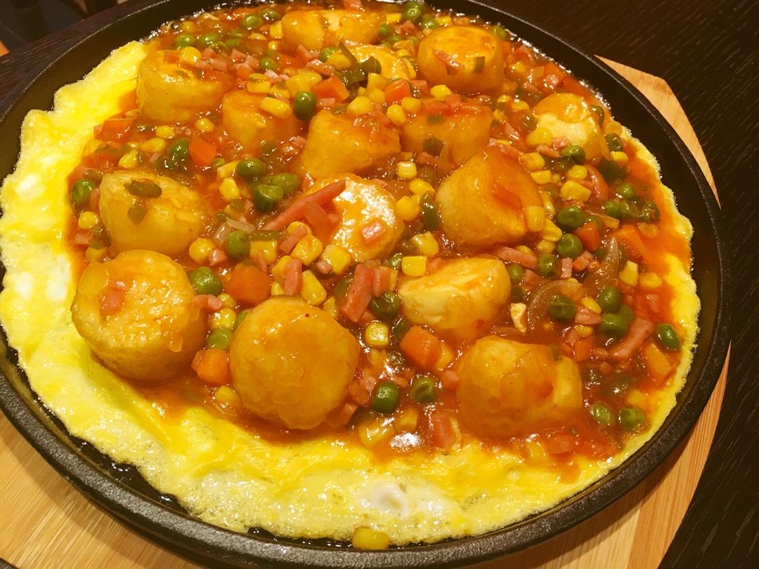 席子子做的铁板日本豆腐滋滋响的美味