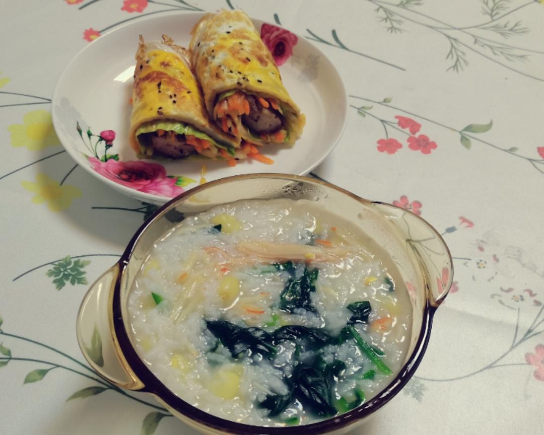 【大约么，差不多系列】学生早餐之蔬菜蟹肉粥+鸡蛋土豆肉肠卷饼