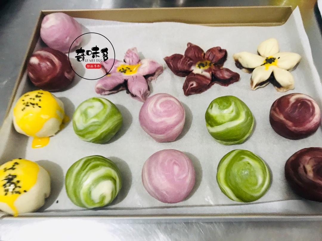 蛋黄酥~紫薯、抹茶、原味~花好月圆，中秋快乐~内附一次做六色蛋黄酥方法~