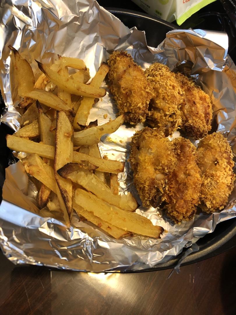 烤箱无油炸鸡翅+薯条🍟