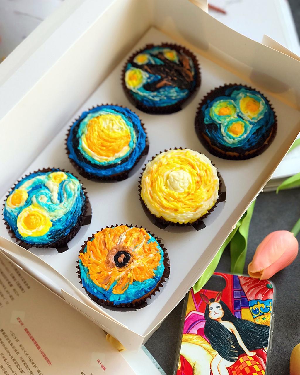 甜掉牙-最简单的完美复刻梵高星空cupcake蛋糕
