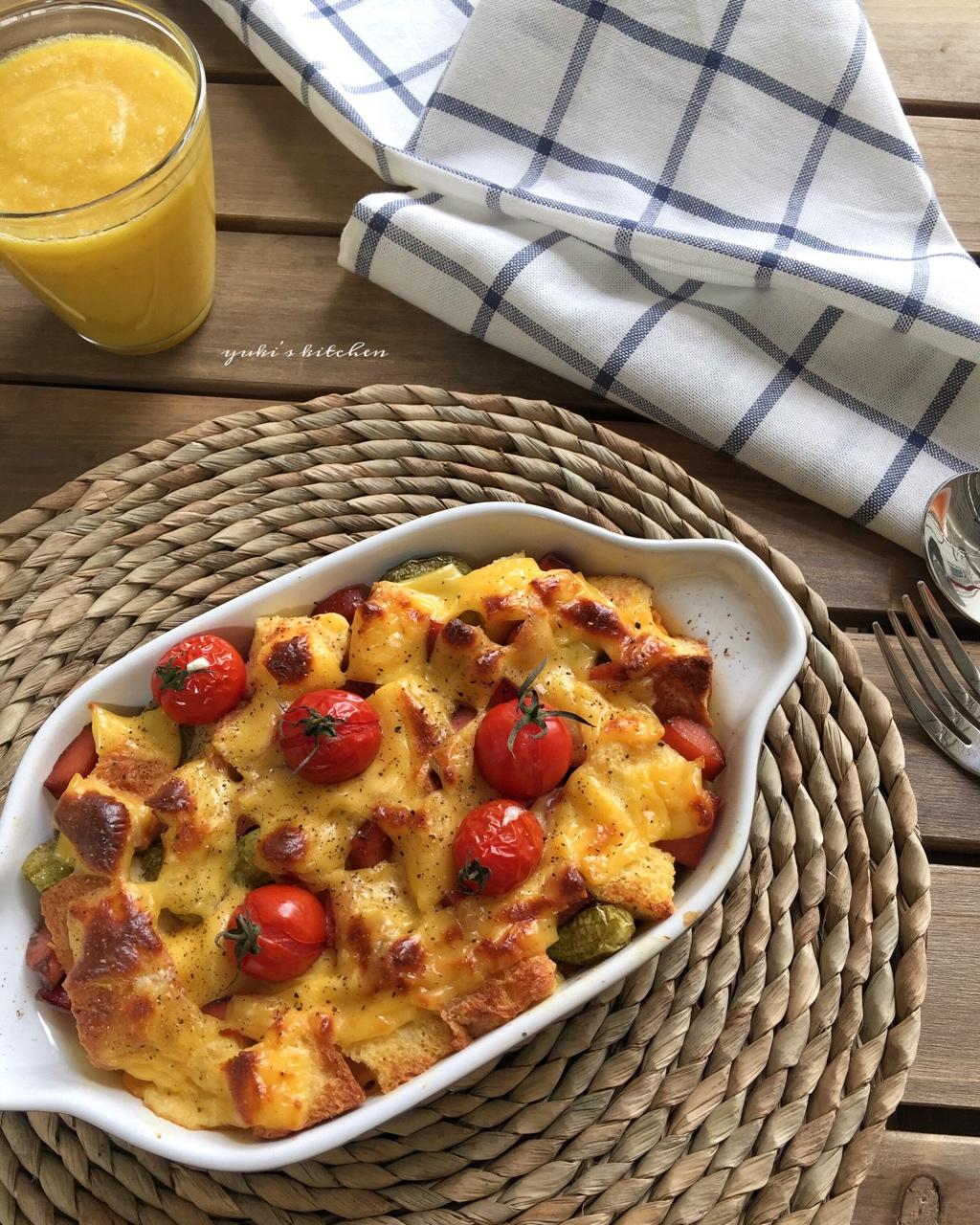 香肠芝士面包布丁-可以拉丝的面包布丁