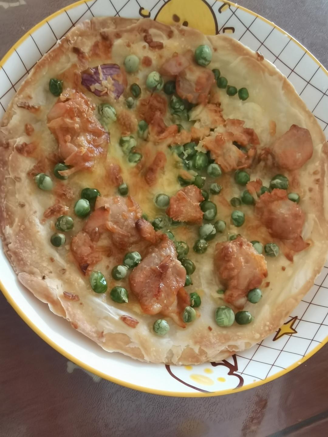 空气炸锅快手手抓饼版披萨～午餐肉披萨