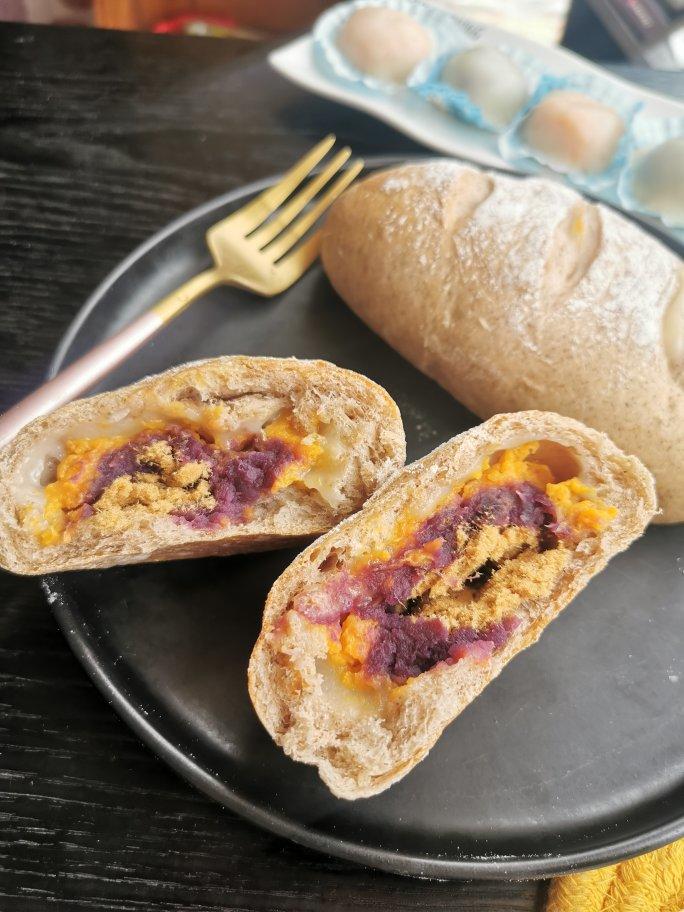 无需厨师机的手揉麻薯芋泥奶酪软欧包