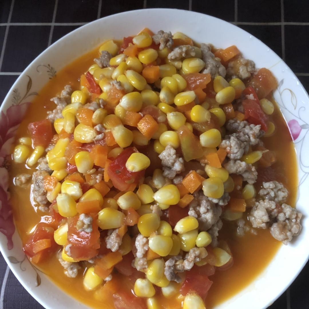 番茄胡萝卜玉米炒瘦肉