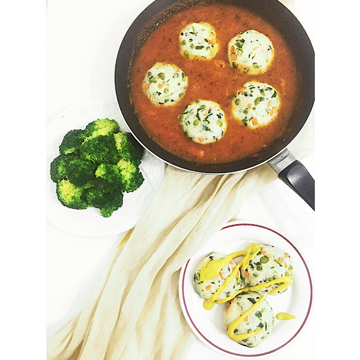 茄汁烩菠菜土豆玉米球（Spinach, Potato and Corn Balls with Tomato Paste)