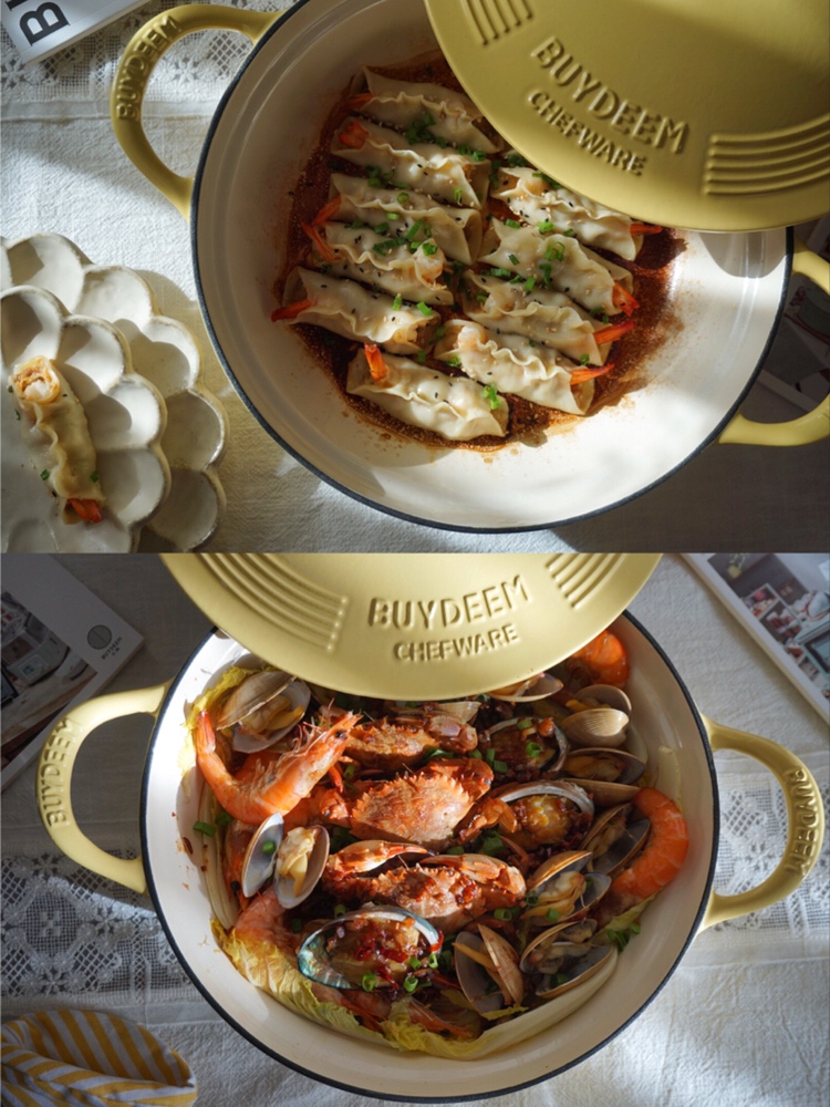 鲜虾锅贴+无水焗海鲜｜北鼎珐琅铸铁锅的做法