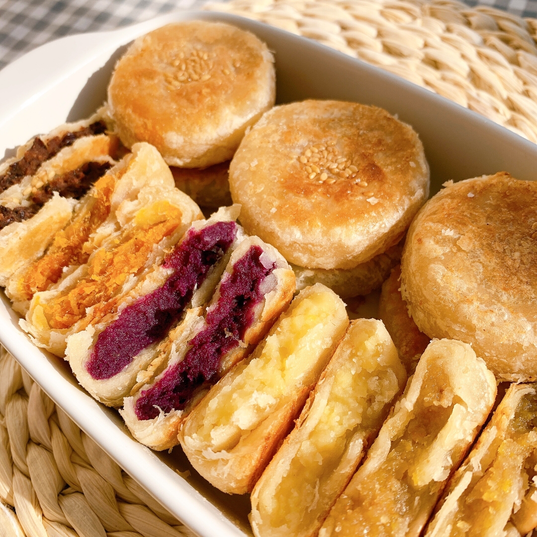 绿豆红豆紫薯板栗肉松酥饼❗️一次五口味平底锅版的做法