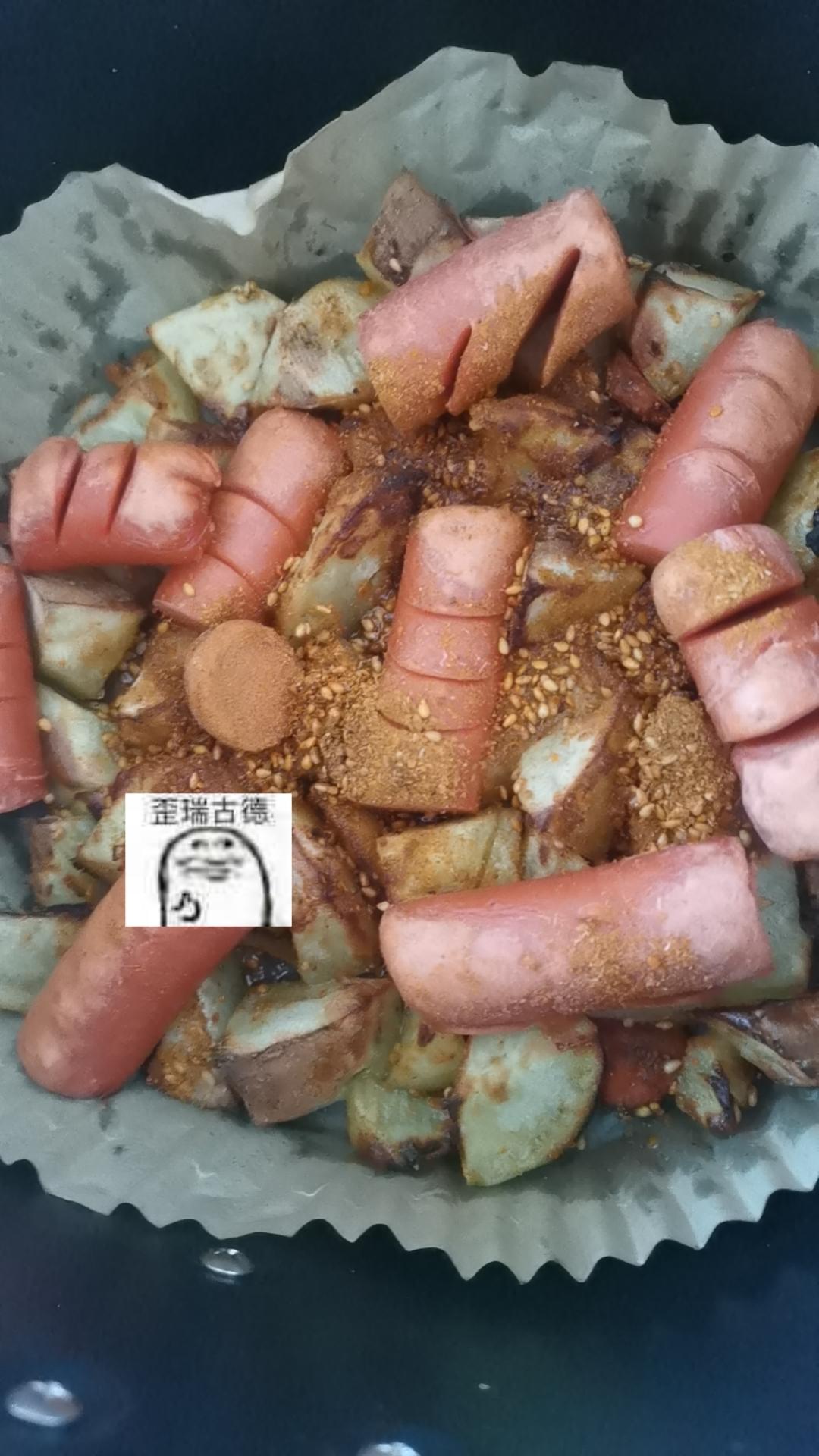 空气炸锅 孜然土豆香肠