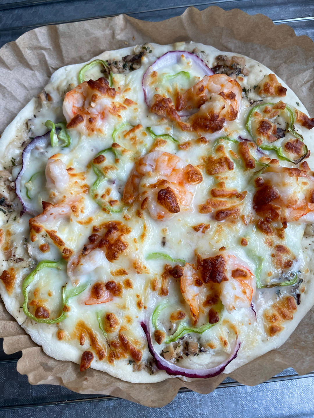 自制披萨🍕超松软蒜香奶油虾船形披萨