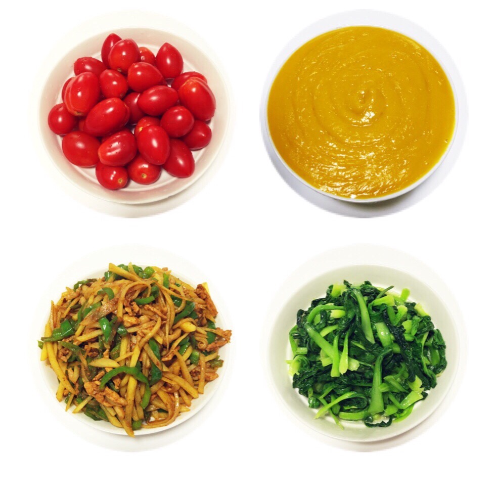 译家三口（青椒土豆炒肉丝、青菜、牛奶南瓜羹）20160906