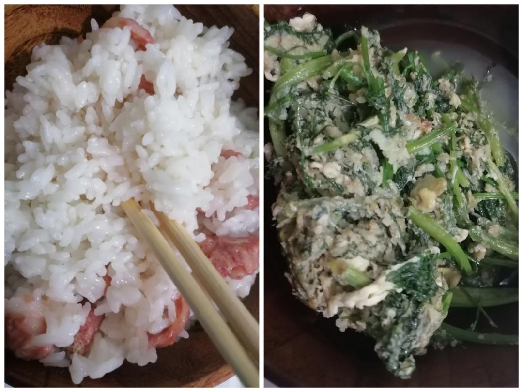 晚饭。蒜蓉茴香炒鸡蛋+腊肉饭的做法