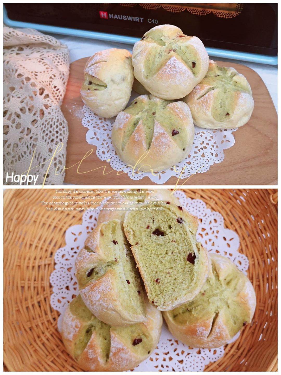 蔓越莓抹茶软欧包，充满春天气息的美食！（食用油版）