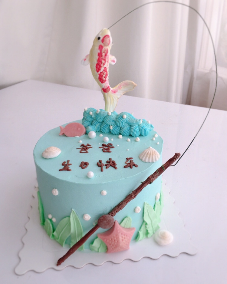 钓鱼图案的生日蛋糕图片