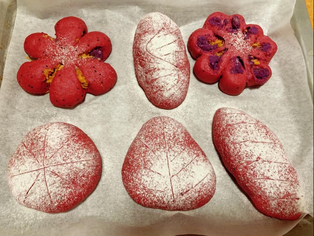 无油无糖100%全麦紫薯芋泥金丝肉松包火龙果汁