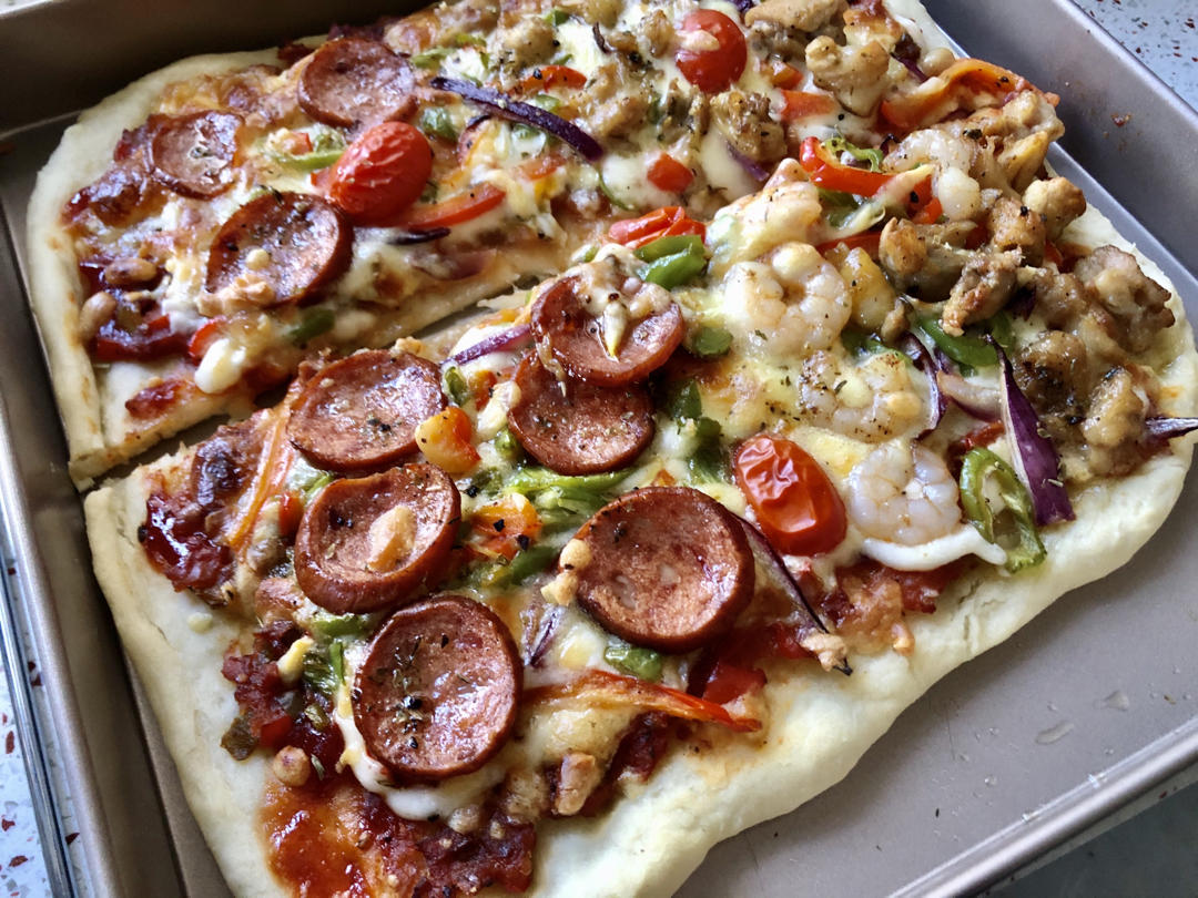 超软饼底鸡肉披萨，详述饼底不硬，披萨不湿，柔软拉丝做法