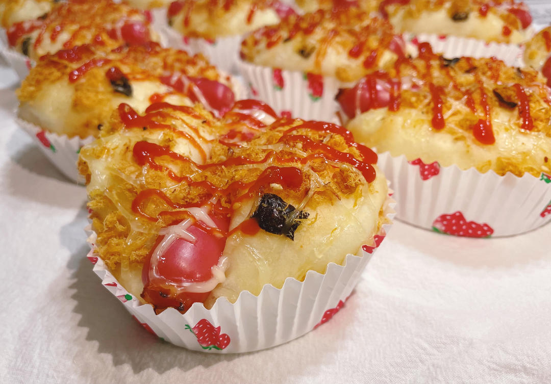 🍕快手简单｜一次发酵｜可可爱爱火腿披萨小面包｜学生早餐