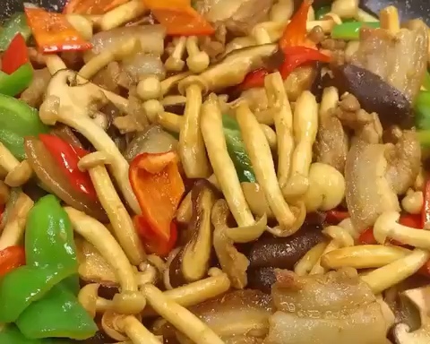 青红辣椒白玉菇香菇炒肉片的做法