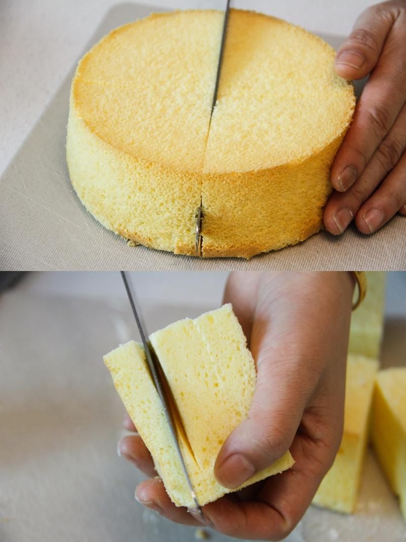 将蛋糕切成四瓣,每瓣从中间再切两刀(不要切断).