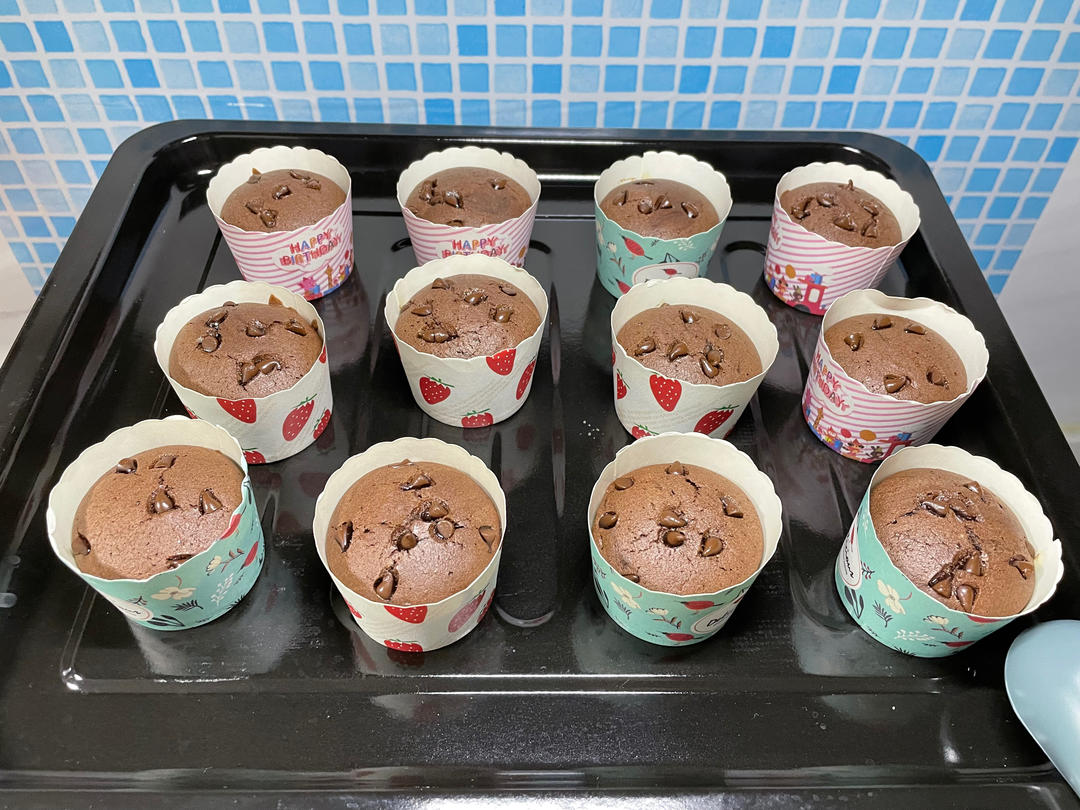 太完美了！超级浓郁松软绵密的巧克力豆小蛋糕，底不凹，顶不塌，操作简单，容易上手，快来试试吧！