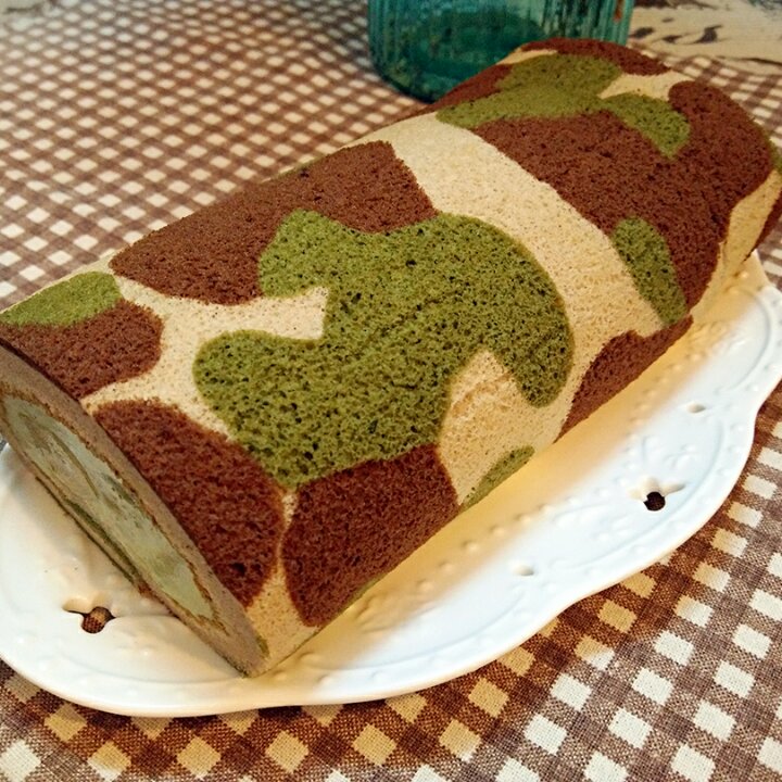 木子烘焙工作室做的老公迷彩蛋糕卷-可可抹茶口味