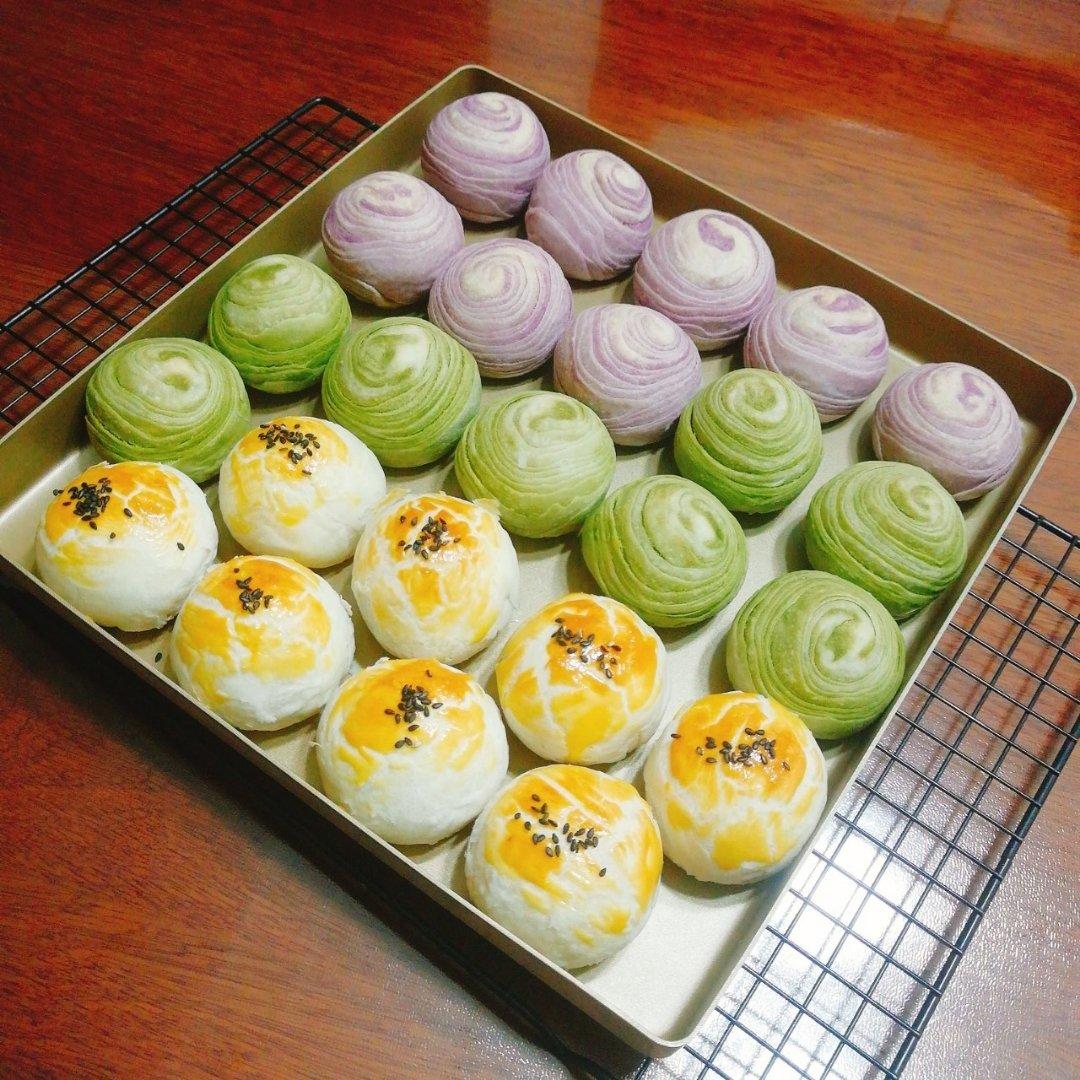 蛋黄酥~紫薯、抹茶、原味~花好月圆，中秋快乐~内附一次做六色蛋黄酥方法~