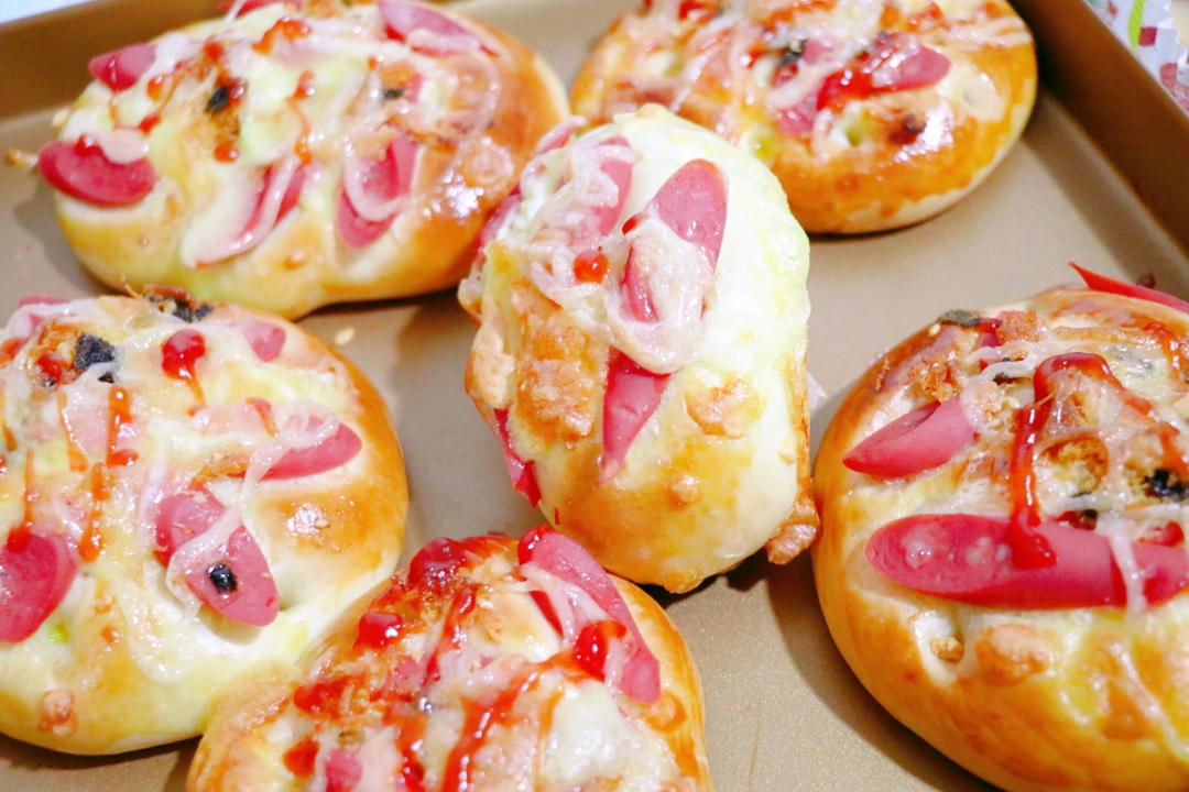🍕快手简单｜一次发酵｜可可爱爱火腿披萨小面包｜学生早餐