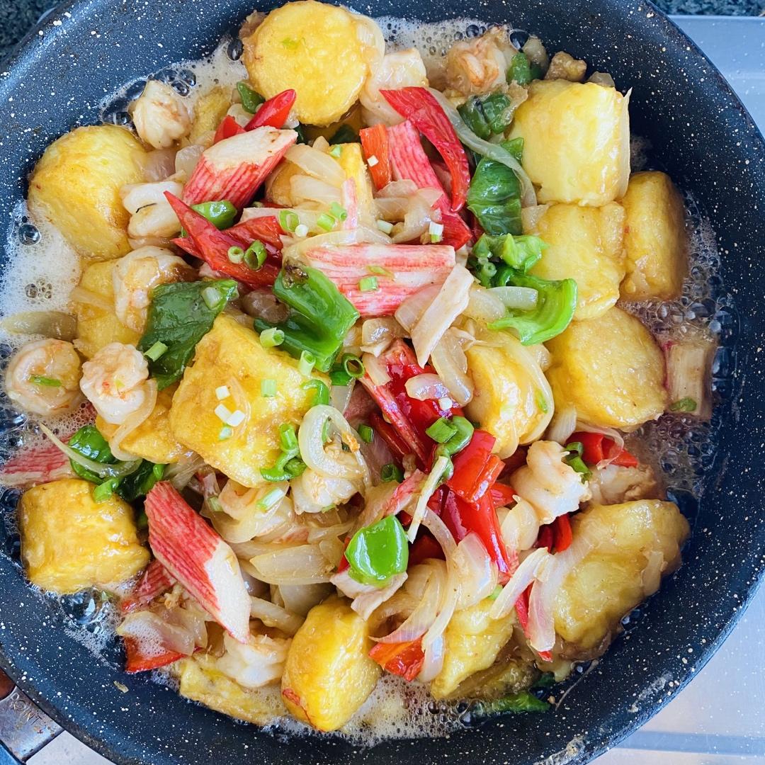 【海鲜日本豆腐烧】鸡蛋饼上填豆腐，瞬间高大上！