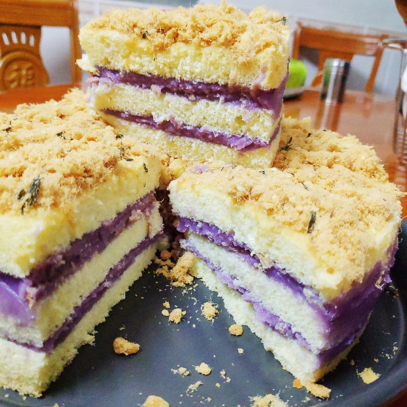八寸香芋紫薯肉松蛋糕（牛奶蛋白过敏宝宝可以吃的蛋糕）的做法