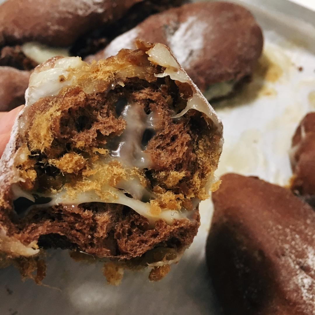 可可麻薯红豆肉松软欧包（面包机烤箱制作～）