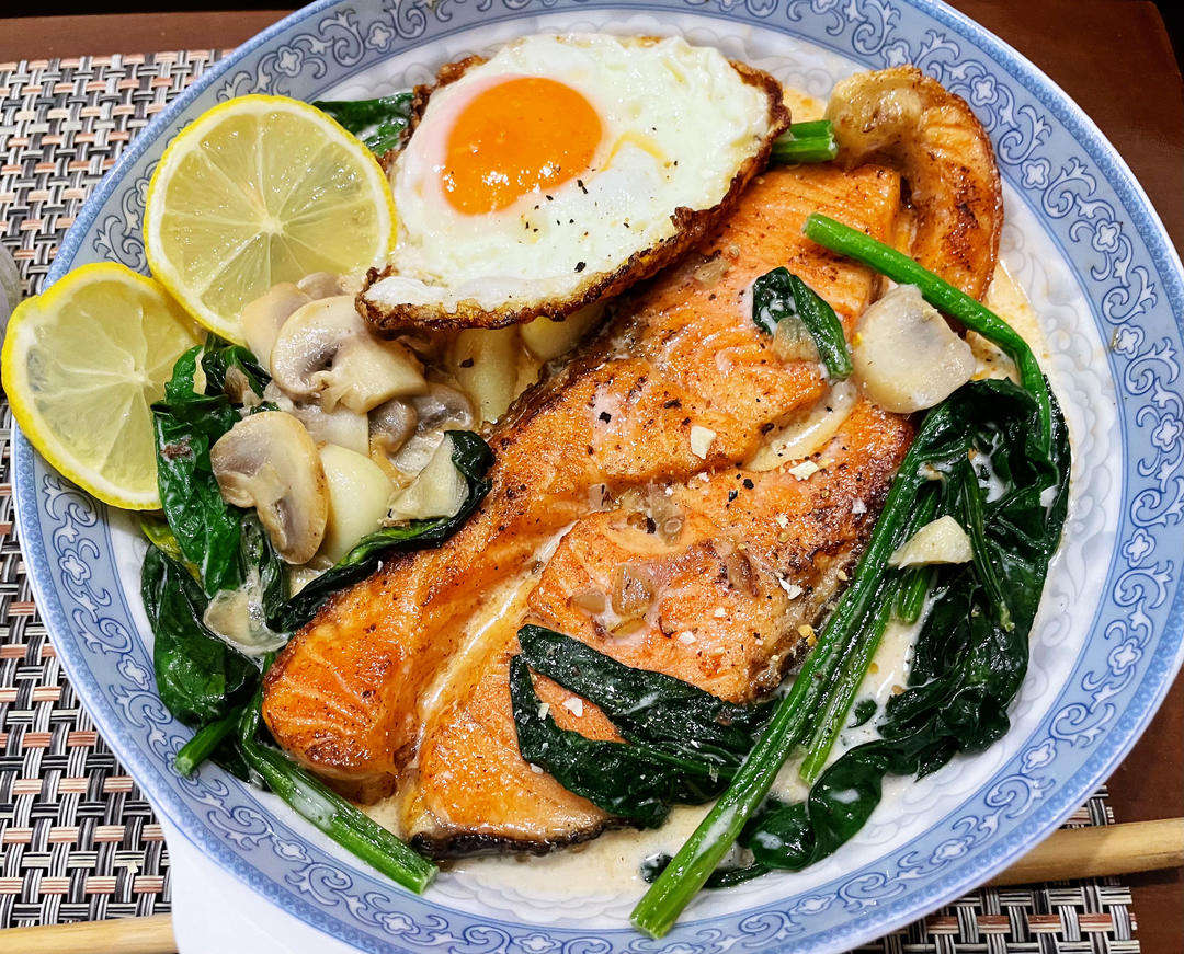 Brunch&一人食｜低卡版奶油菠菜三文鱼｜Creamy Salmon✨