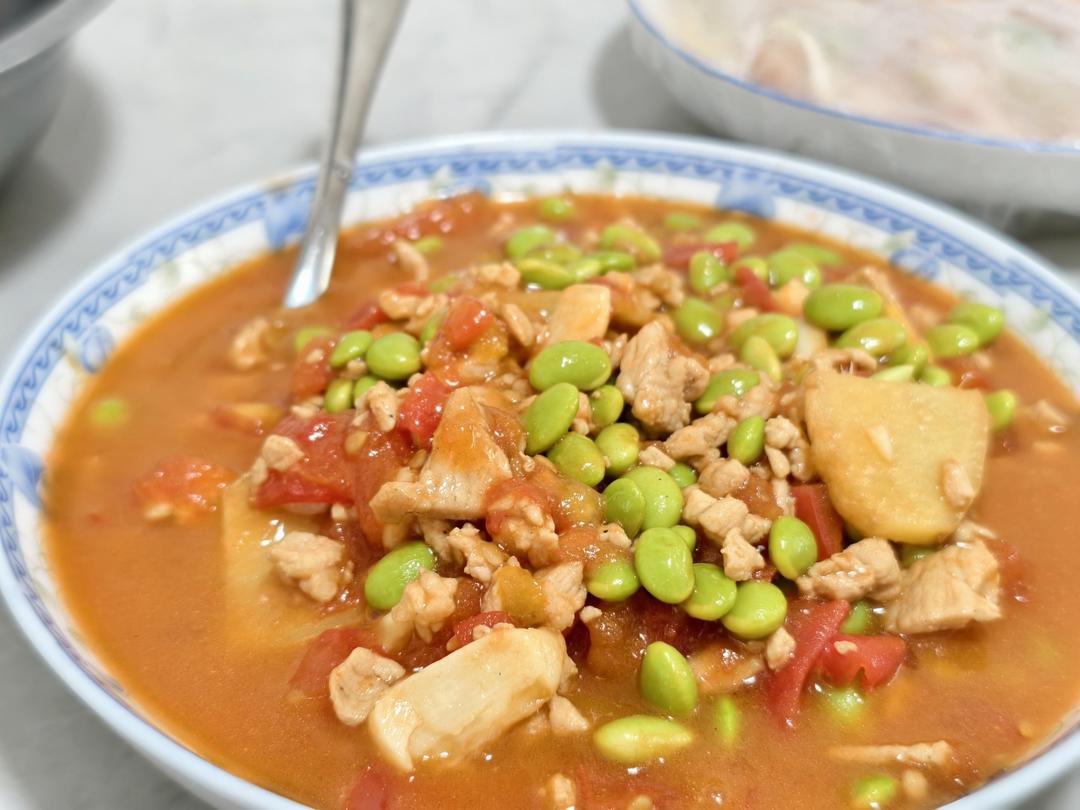 肉末番茄烧毛豆