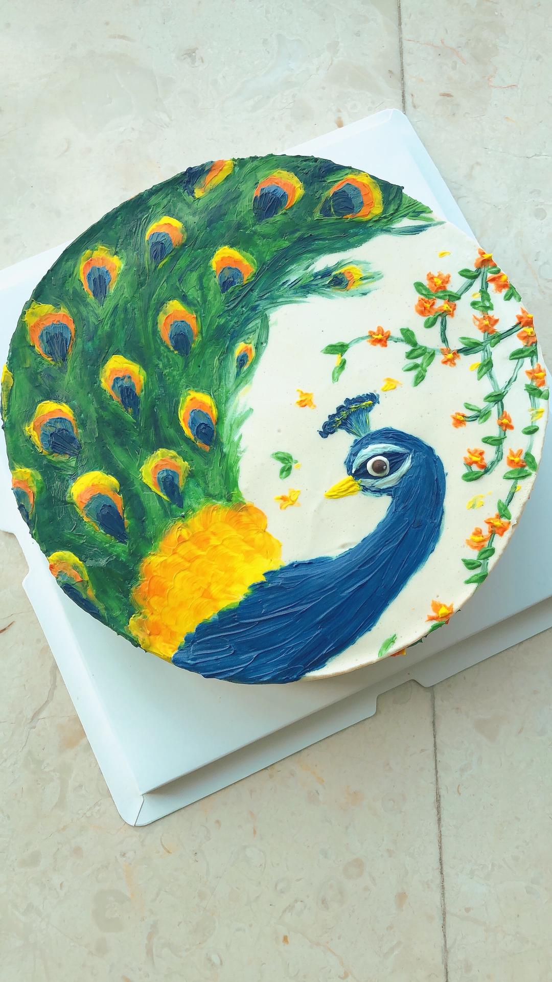 奶油霜手绘蛋糕，孔雀开屏